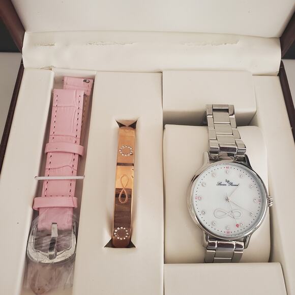 Lucien Piccard Eterno Silver Tone 40mm Watch and Bangle Set  Extra Strap NWOT - Picture 16 of 16